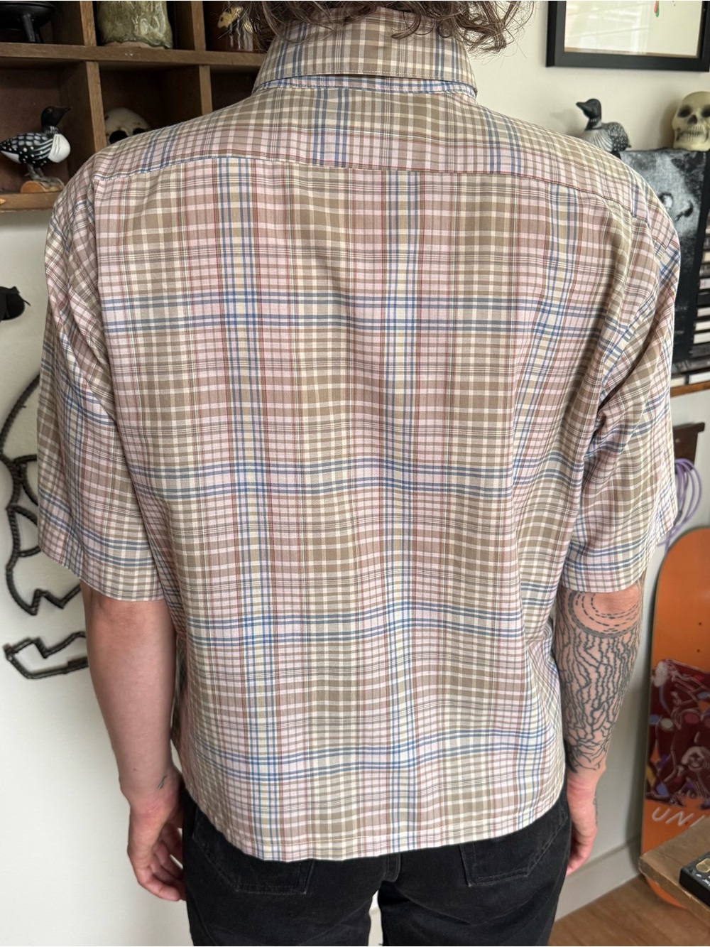 Vintage 80s Cropped Boxy Plaid S/S Button Down Shirt Arrow ~ Size Large - Picture 5 of 9